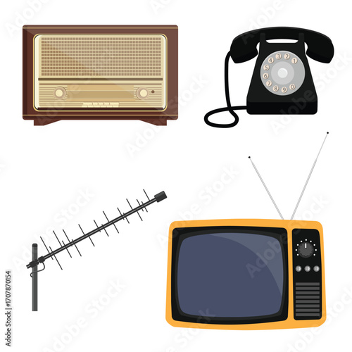 Retro, vintage, old electronic devices set: phone, radio, TV, and antenna