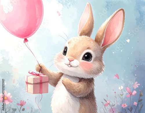 Cute bunny with gift and balloon