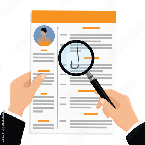 Employee verification concept. Magnifying glass with hidden phishing hook inspecting documents, resume or CV