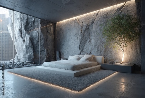 Modern bedroom with rock-face wall and city view