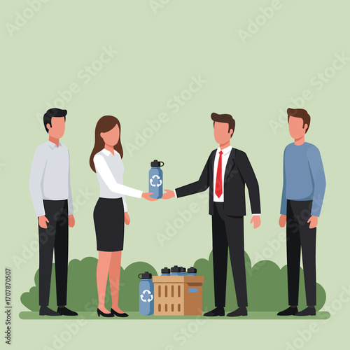 People exchanging reusable water bottles with recycling symbol.