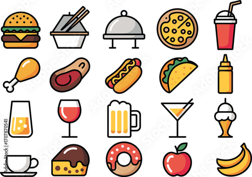 Colorful food and drink icon set – burgers, desserts, fruits, beverages, fast food, and snacks