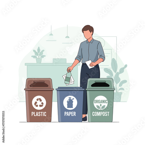 Person sorting waste into recycling bins for plastic paper and organic compost.