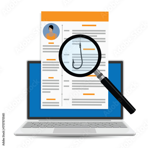 Employee verification concept. Magnifying glass with hidden phishing hook inspecting documents, resume or CV