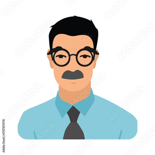 School teacher, professor character. Man with mustache and glasses wearing a shirt and tie