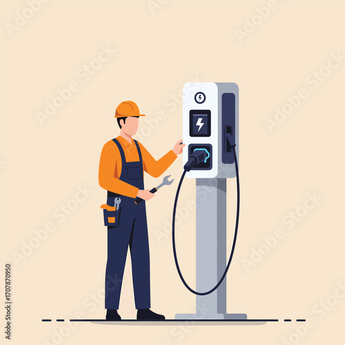 Technician working on electric vehicle charging station with wrench.