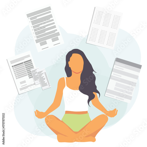 Meditating office worker. Young woman meditate sitting in a lotus position surrounded by documents, paperwork and work tasks