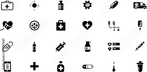 Vector collection of medical icons including first aid kit sun bottle gear thermometer ambulance and more icons design