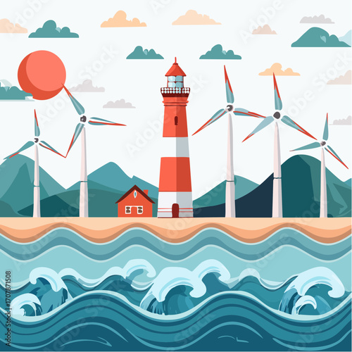 Sustainable coastal ecosystem with a classic lighthouse and modern wind turbines generating clean, renewable energy from the ocean's power