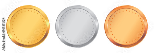 Realistic golden, silver, bronze blank award medals isolated on white background