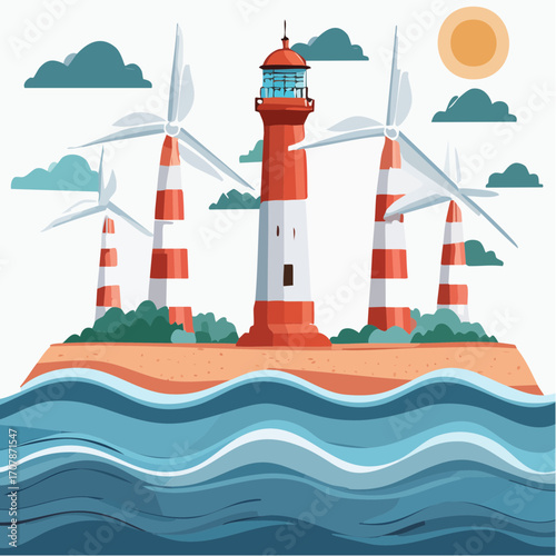 A colorful illustration depicting a coastal landscape with a striped lighthouse and wind turbines, representing the harmony of tradition with clean, renewable energy