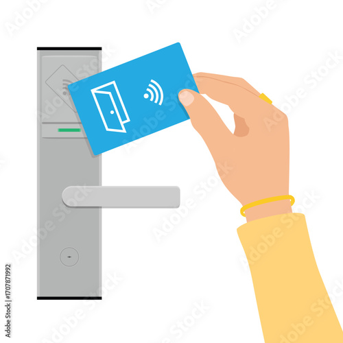 Hand placing plastic contactless key card to open door of hotel room isolated on white background. Smart lock, wireless technology concept