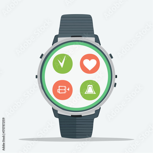 Smartwatch displaying fitness tracking icons including a checkmark, heart rate, step counter, and a mountain or hill, indicating health and activity monitoring on a modern wrist device