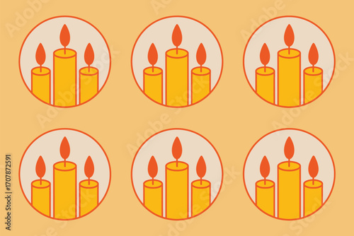 Repeating pattern of circles containing three lit candles on a light orange background in a simple style