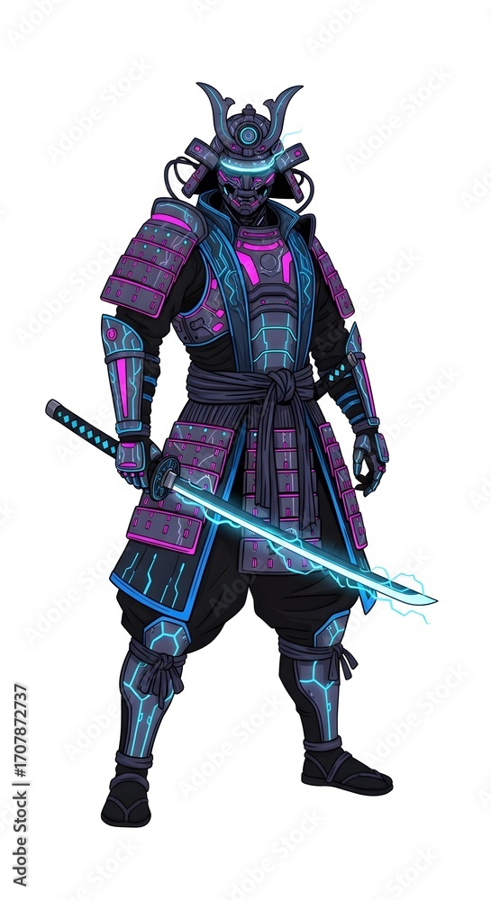Fototapeta premium Detailed pixel art of a cybernetic samurai in traditional armor fused with futuristic technology, wielding an electrifying sword.