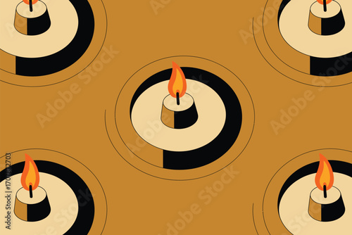 A pattern of lit candles with black and tan circular designs on a tan background in a flat style