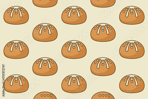 A repeating pattern of cartoon buns with white icing on a light beige colored background design element