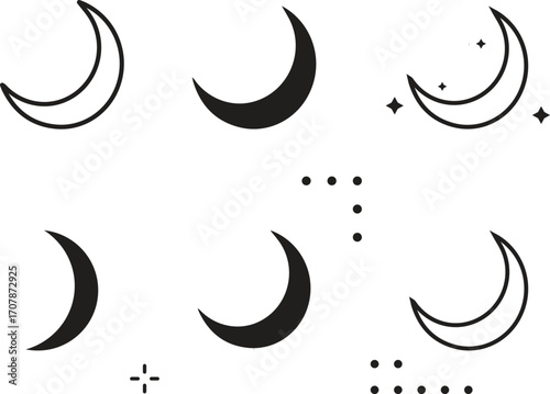 Magic moon set. Vector lunar collection with moons, stars, sunbursts. Graphic elements for astrology, esoteric, tarot, mystic and magic prints, posters, banners, pattern