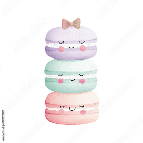 Cute Watercolor Macarons Stack Pastel Sweets Illustration.