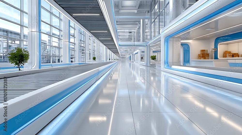 Obraz premium Futuristic Minimalist Conveyor Belt Perspective in a Modern Industrial Space
