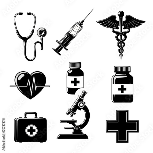 Collection of medical icons and symbols for healthcare and science