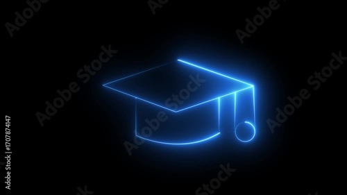 Neon line Graduation cap icon. Glowing neon academic hat, looped slow flashing. Graduation cap icon , line icon animation , Graduation day,  blue color icon animation on background