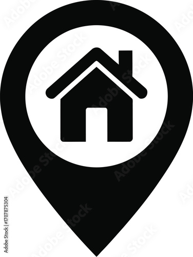 Home location pin icon with house symbol for maps, navigation apps, real estate platforms, and residential UI design