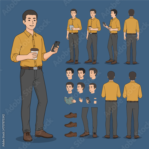 Business Man Character Constructor Kit: Front, Side, Back Views for Animation