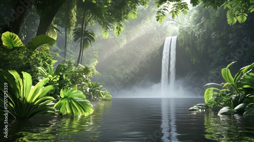 Fototapeta Naklejka Na Ścianę i Meble -  Lush tropical waterfall cascading into a calm pool, surrounded by dense jungle foliage