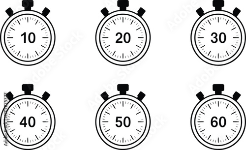 Set of six stopwatch icons showing 10 to 60 second intervals for timing, fitness, productivity, and user interface design