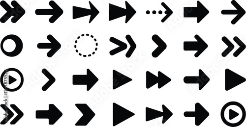Arrow icon set with 30 styles including solid, outlined, circular, and dotted vectors for direction, UI, and navigation