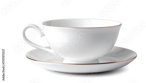 Elegant white teacup with gold trim, presented with saucer against a plain background
