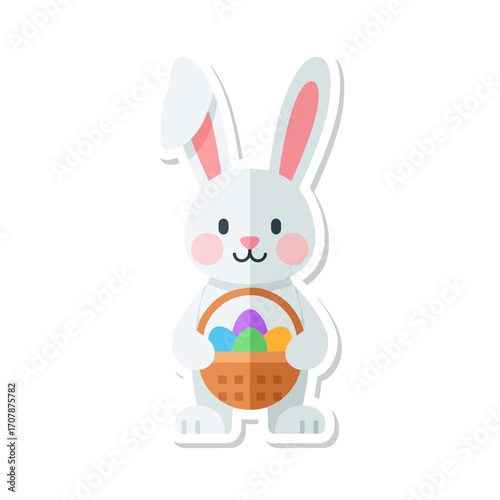 Vector flat illustration of cute Easter bunny holding basket of colorful eggs