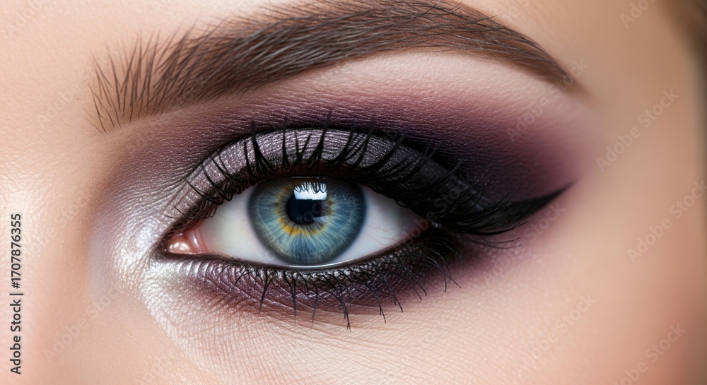 Obraz premium Close-Up of Blue Eyes with Dramatic Smokey Eye Makeup and Dark Eyeliner