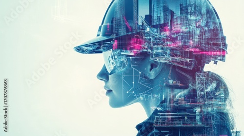A woman in a hard hat,  profile view,  double exposure of a city and technology