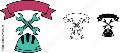 Creative emblem design for construction, repair, or labor professions featuring tools and safety helmet.