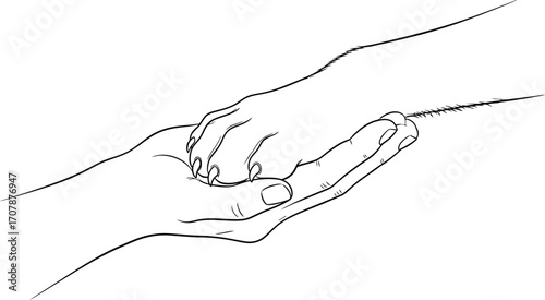 Gentle human hand cradles a delicate animal paw, symbolizing trust and companionship.