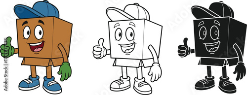 Happy cartoon box character wearing a baseball cap and giving a thumbs up gesture.