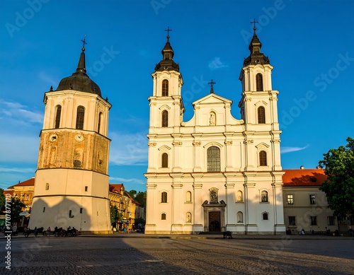 Two churches on a square at sunset