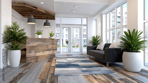 Wallpaper Mural Modern Office Lobby Interior Design with Plants and Stylish Flooring Elements Torontodigital.ca