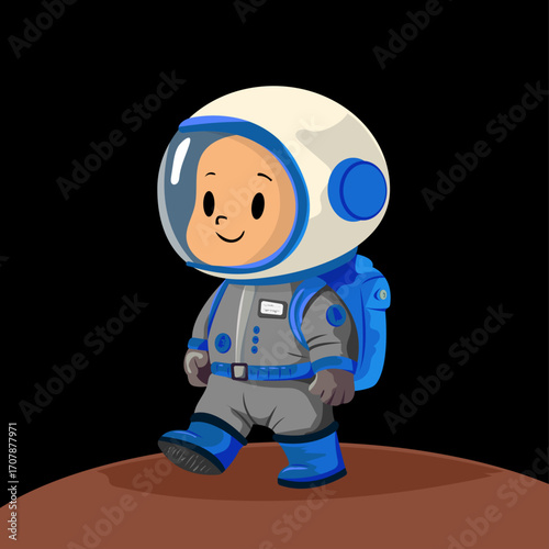 Little astronaut walking on sand flat vector illustration on planet in black space
