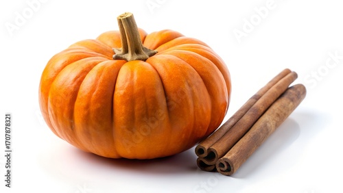 Pumpkin and cinnamon sticks isolated on white background