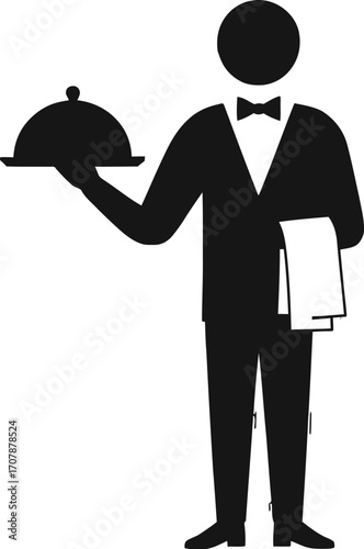 Professional waiter in formal attire serving food with a silver cloche and napkin
