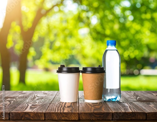 Two coffee cups and a water bottle on a wooden table, outdoors