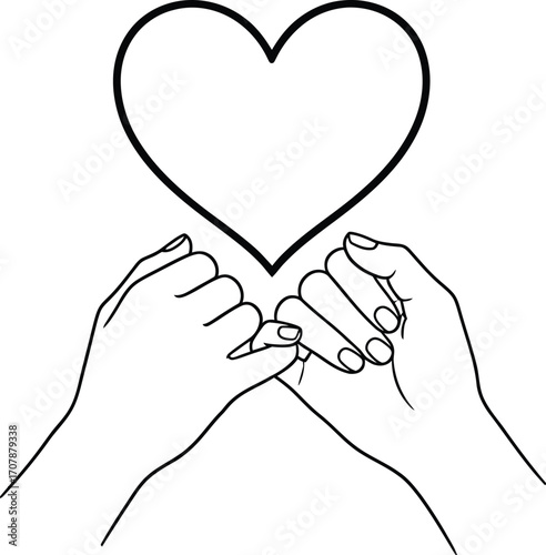 Two hands making a pinky promise beneath a large heart symbol, symbolizing love and trust.