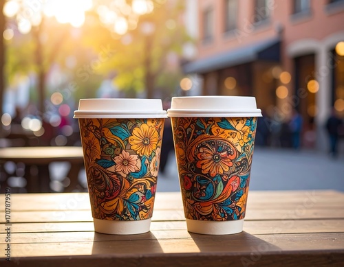 Two coffee cups on a wooden table outdoors in sunlight