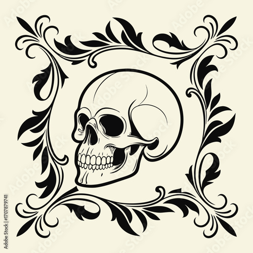 Vector art of a vintagestyle illustration of a human skull framed by ornate black floral scrollwork on a cream background