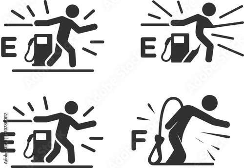 Funny stick figure vector of gas station fuel struggle with empty tank warning, full tank effect, rising fuel prices, and driver pain concept
