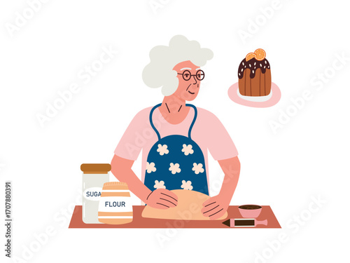 Elderly woman kneading dough for delicious holiday cupcake, baking