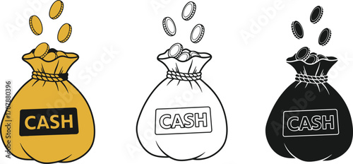 Money bags overflowing with coins, symbolizing wealth and financial gain.